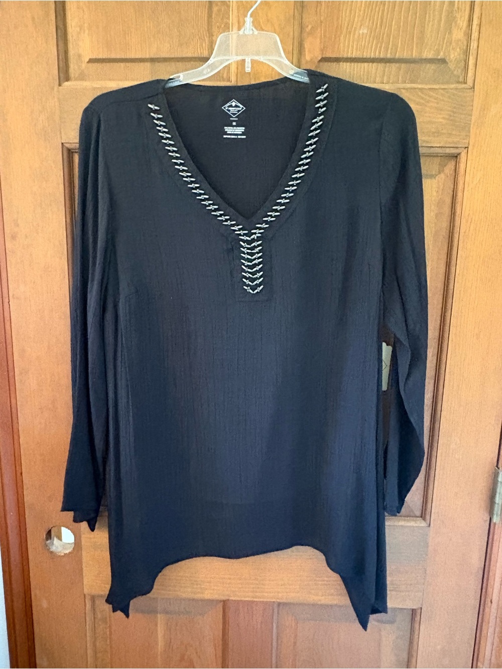 St. John's Bay Black V-Neck Long-Sleeve Top with Silver Embellishment